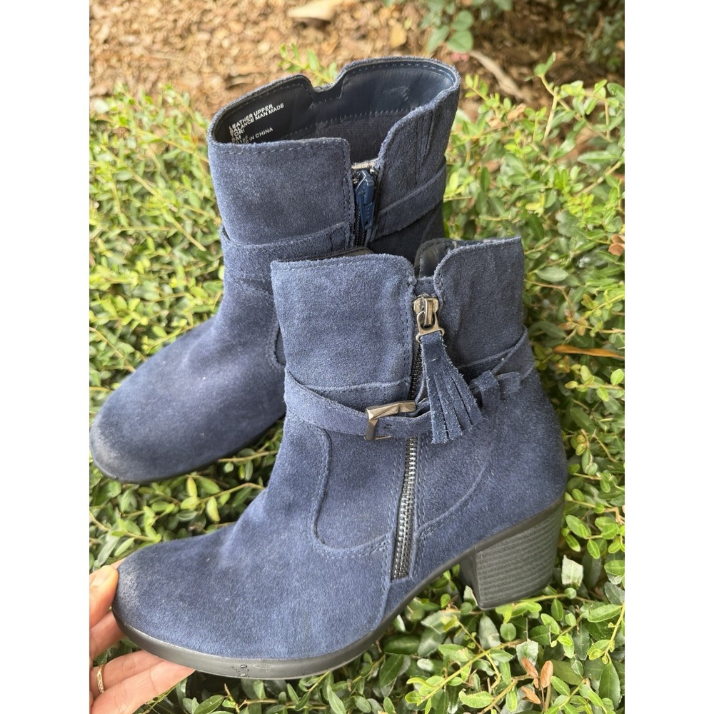 Earth Origins Suede Tori Ankle Boots 8M Navy Blue Leather Tassel Buckle Zip - Picture 4 of 10